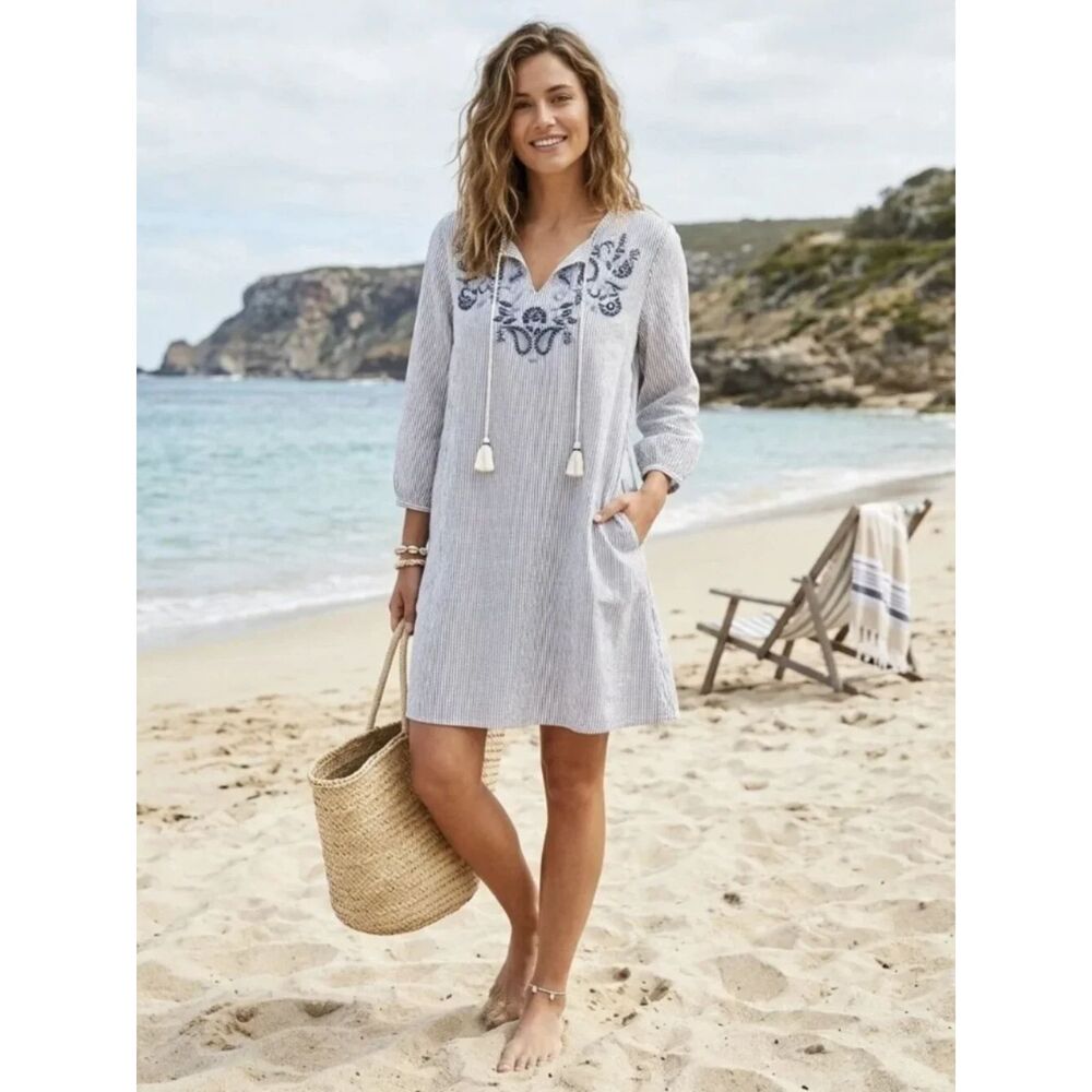 J Jill Blue White Embroidered Tassel Dress Boho Sleeve Size XL Tall